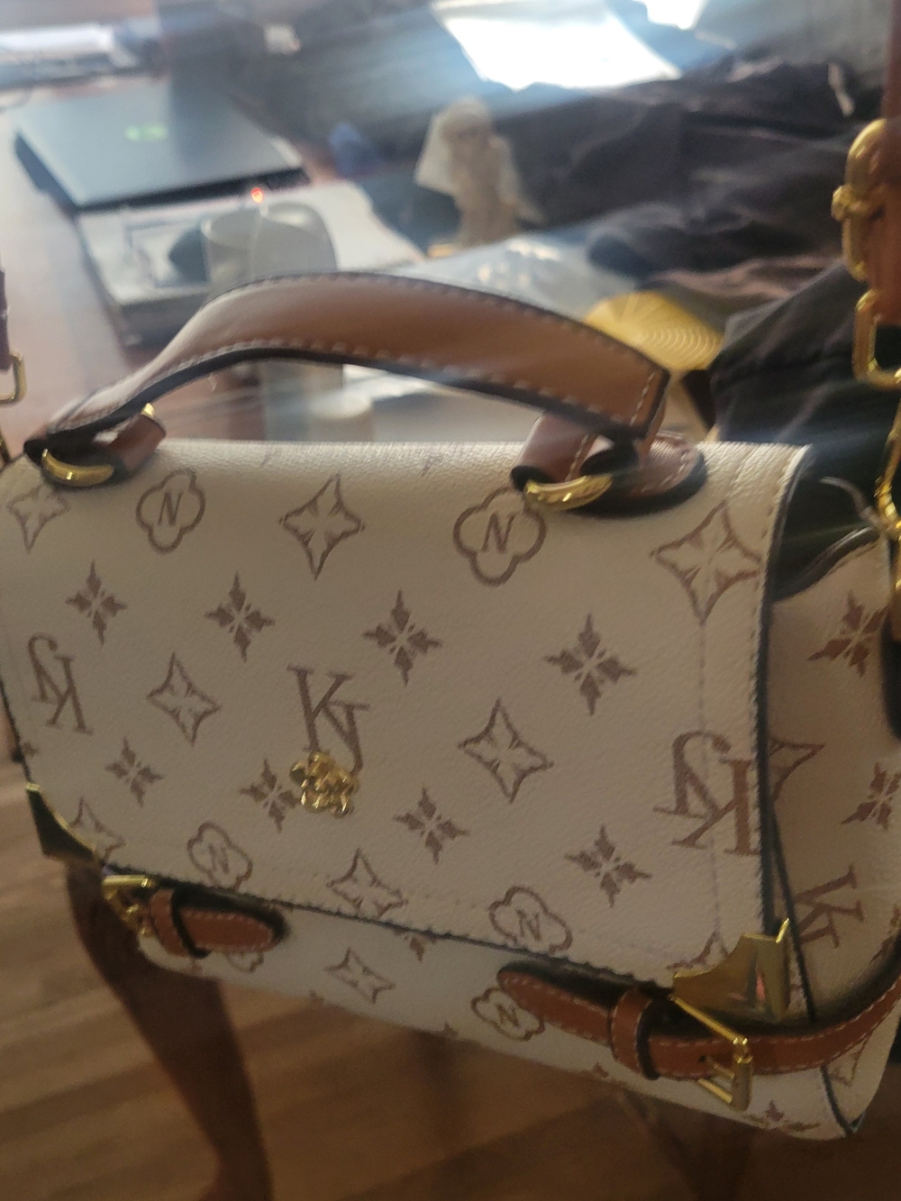 Cream Crossbody Satchel with Tan Trim and Gold Hardware